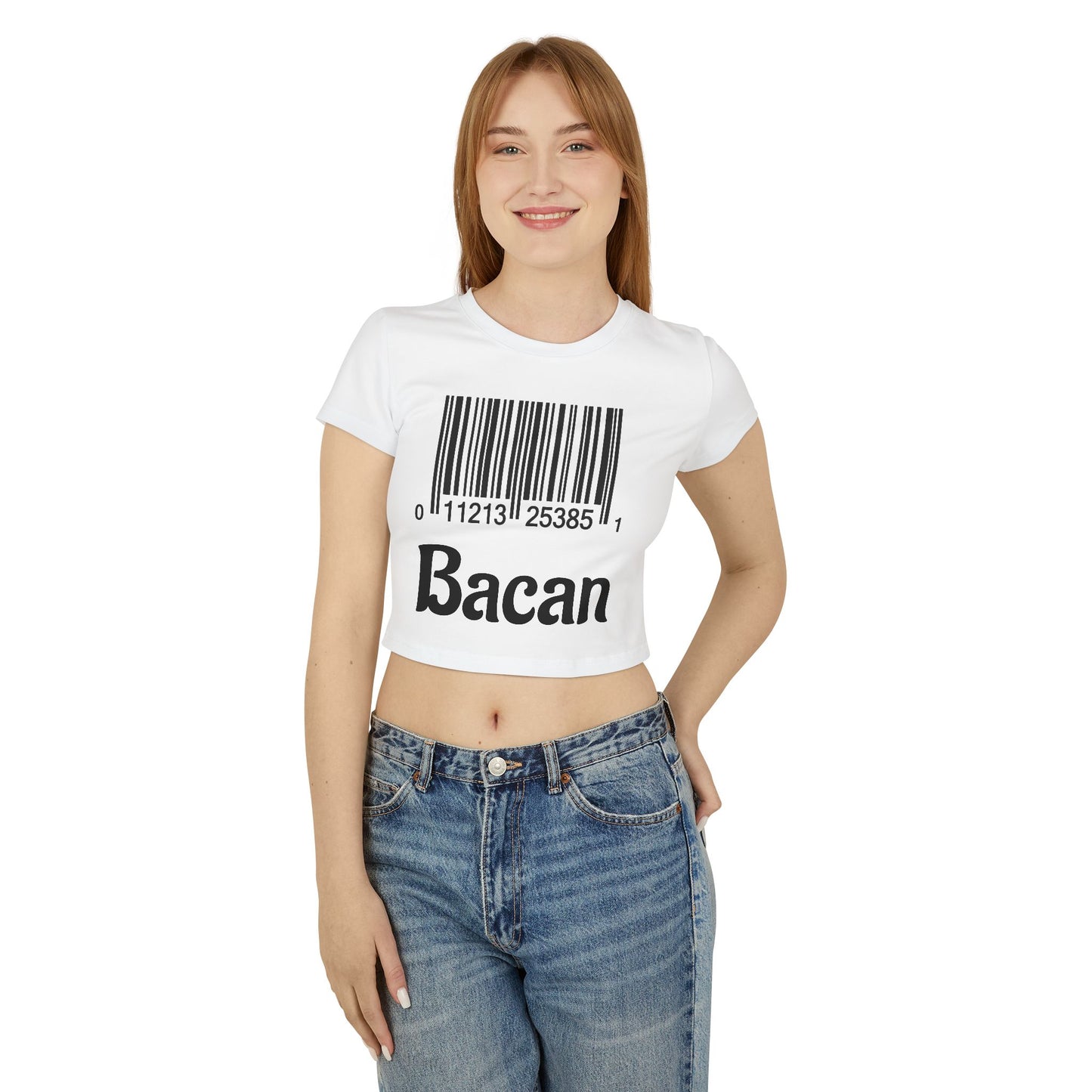 Funny Women's Baby Tee - 'Bacan' Barcode Graphic T-Shirt