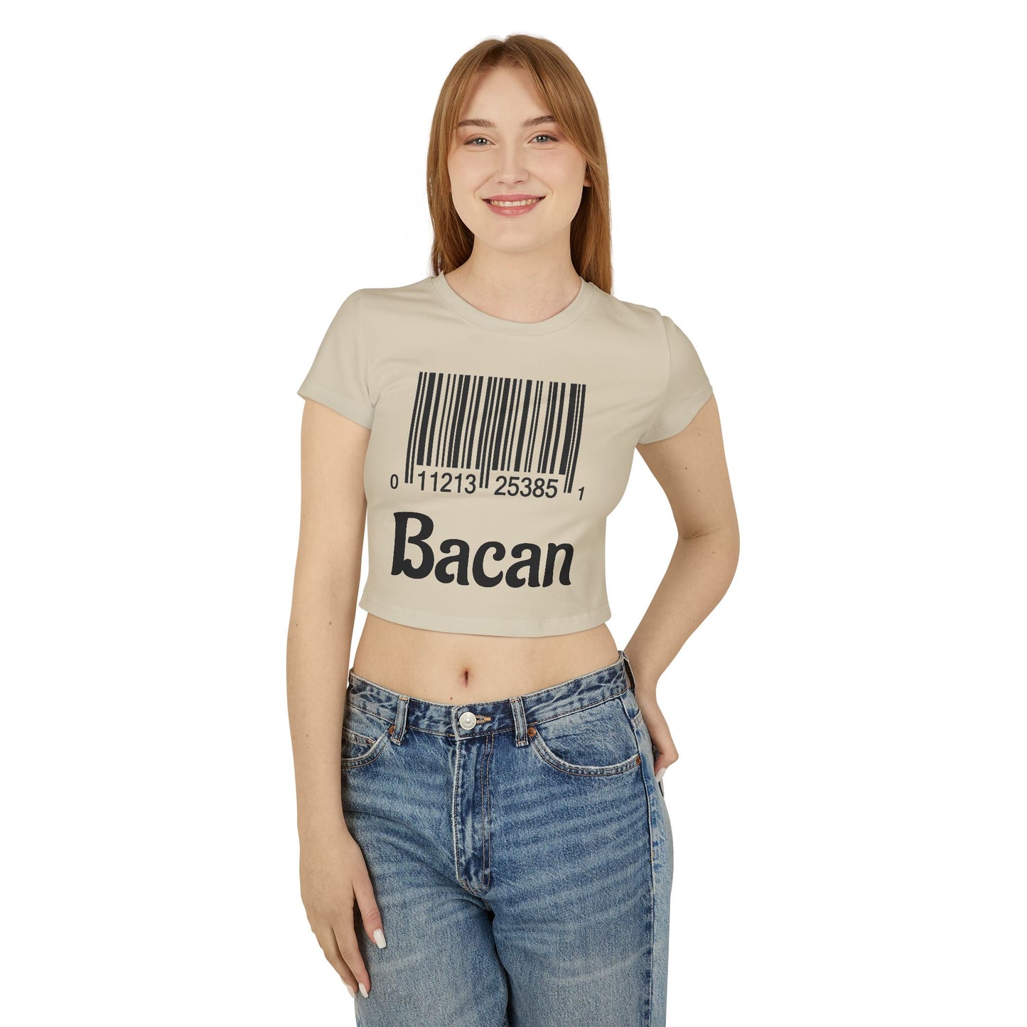 Funny Women's Baby Tee - 'Bacan' Barcode Graphic T-Shirt