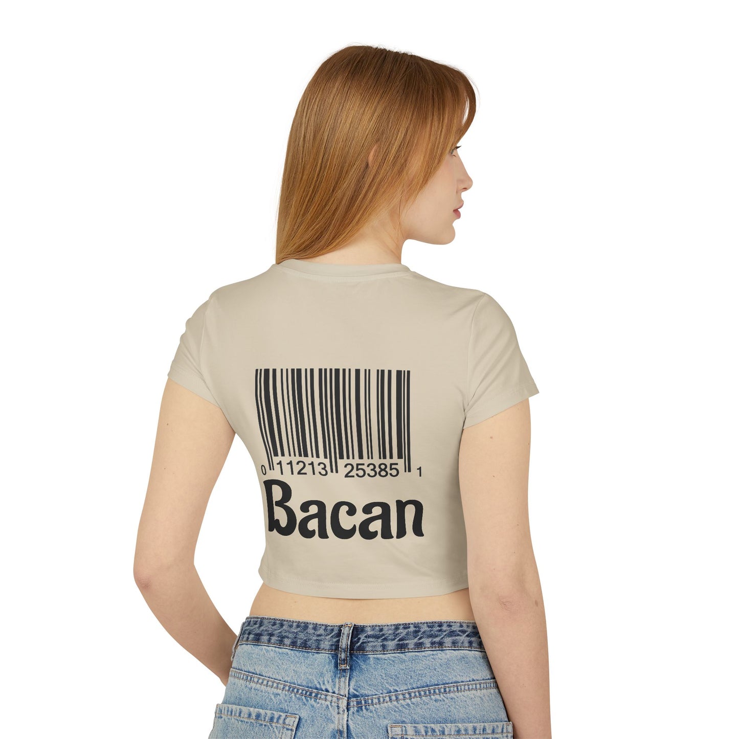 Funny Women's Baby Tee - 'Bacan' Barcode Graphic T-Shirt